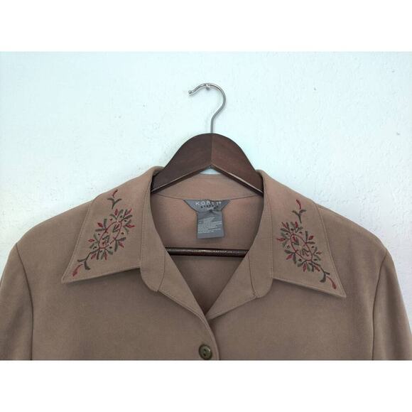 Koret Stretch Tan Fax Suede Embroidered Collared Button Up Blazer Jacket Size 14 - Picture 6 of 6
